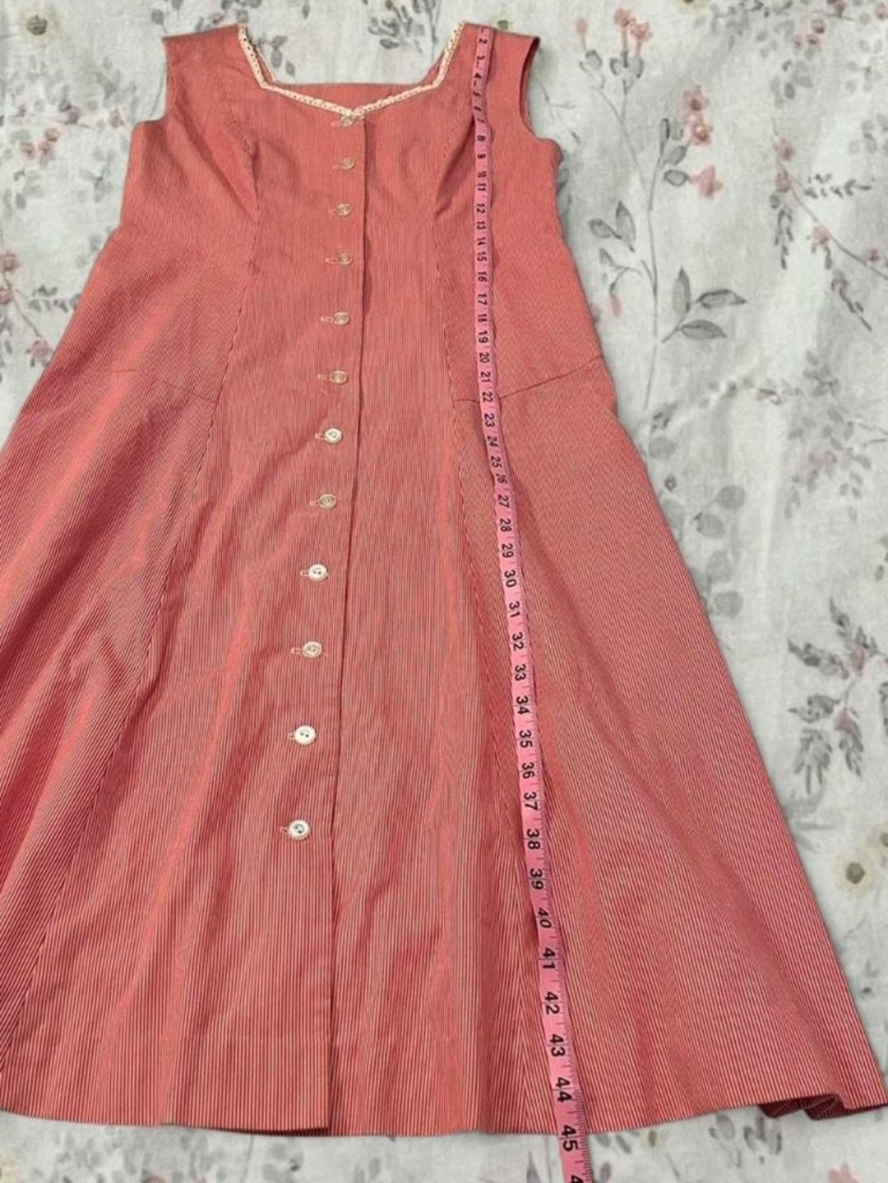 Vintage 50s Day Dress Drop Waist Sweetheart Neckline Lace Button Up Red Striped - Picture 6 of 8